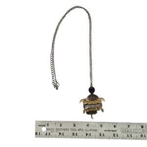 Articulated Turtle Pendant Necklace Gold Tone Black Enamel 28" Boho Statement